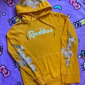Young & Reckless ✨ Yellow Hoodie with Floral Embroidery Mens size Medium